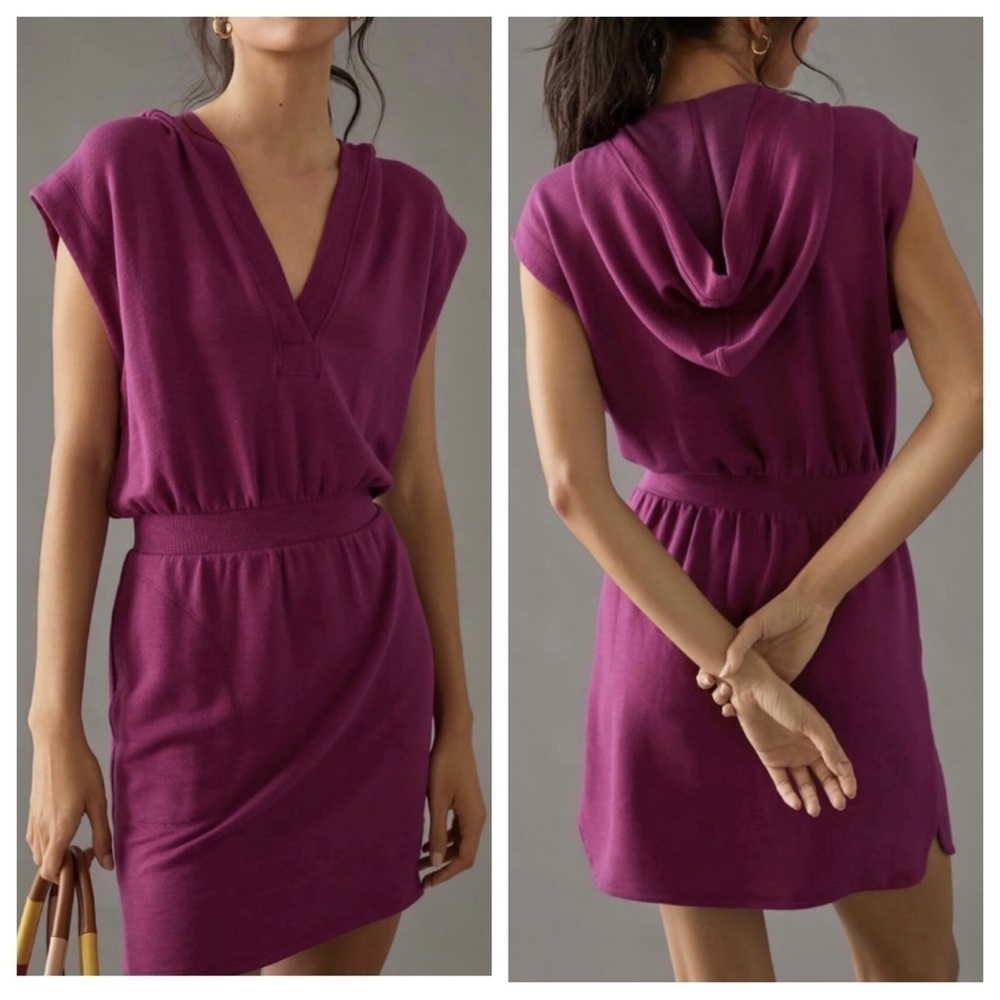 NWT Anthropologie Daily Ritual purple v-neck hood Komi dress pockets medium